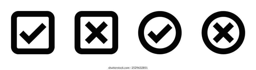 Conjunto de iconos de cheque y cruz en varias Formas. Ideal para el diseño de interfaces, para representar la Aprobación o el rechazo en entornos digitales. Trazo editable.