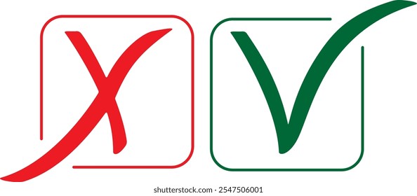 Conjunto de iconos de marca de verificación y marca cruzada. Marcas de verificación de garrapata verde y cruz roja. Ilustración vectorial