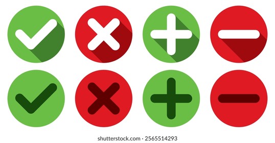 Set of check, cross, plus and minus flat icons