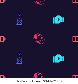 Set Check engine, Antenna, Earth globe and leaf and Battery on seamless pattern. Vector
