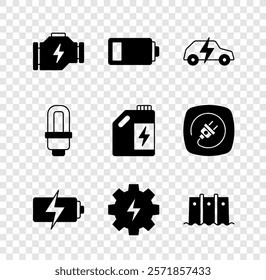 Set Check engine, Battery, Electric car, Gear and lightning, Hydroelectric dam, LED bulb and Eco fuel canister icon. Vector