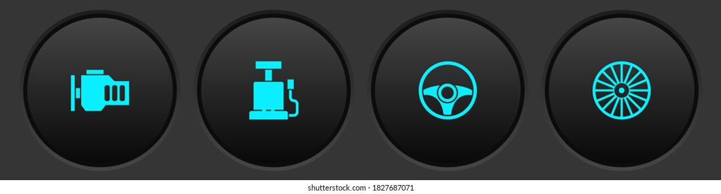 Set Check engine, Car air pump, Steering wheel and Alloy icon. Vector.