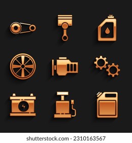 Set Check engine, Car air pump, Canister for gasoline, Gear, battery, Alloy wheel, motor oil and Timing belt kit icon. Vector