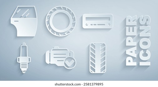 Set Check engine, Car audio, spark plug, tire wheel,  and door icon. Vector