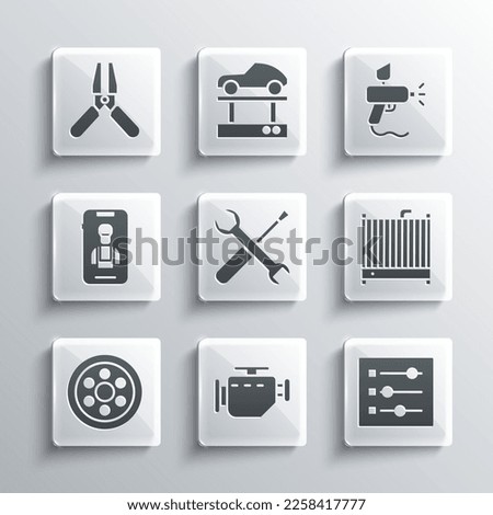 Set Check engine, Car settings, radiator cooling system, Screwdriver and wrench spanner, Alloy wheel, Online car services, battery jumper power cable and Paint spray gun icon. Vector