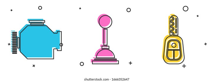 Set Check engine, Gear shifter and Car key with remote icon. Vector