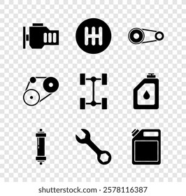 Set Check engine, Gear shifter, Timing belt kit, Shock absorber, Wrench spanner, Canister for gasoline,  and Chassis car icon. Vector