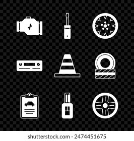 Motor de comprobación de conjunto, destornillador, rueda de aleación, inspección del coche, llave con control remoto, icono de cono de audio y tráfico. Vector