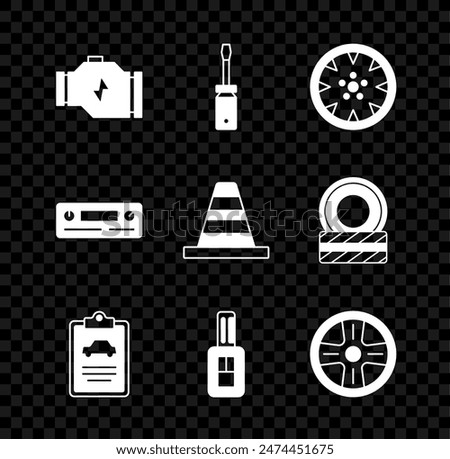 Set Check engine, Screwdriver, Alloy wheel, Car inspection, key with remote, Audio and Traffic cone icon. Vector