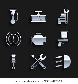 Set Check engine, Screwdriver and wrench tools, High beam, Paint spray gun, Shock absorber, Brake system warning, Car service and Signal horn on vehicle icon. Vector