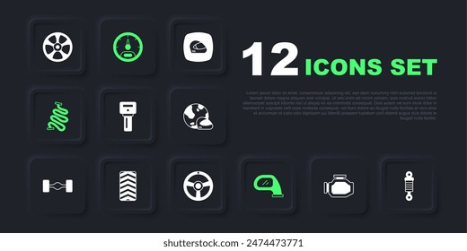 Set Check engine, Shock absorber, Car key with remote, mirror, Racing track, tire wheel, Speedometer and steering icon. Vector