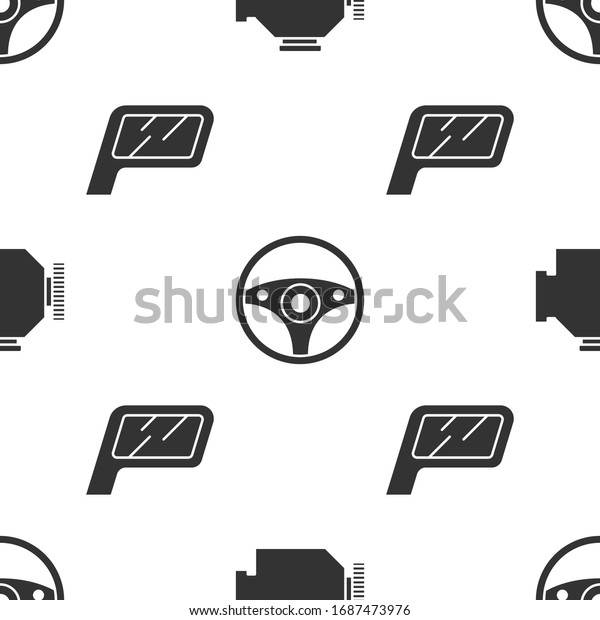Set Check engine, Steering wheel and Car mirror on\
seamless pattern. Vector