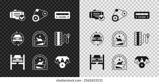 Set Check engine, Timing belt kit, Car audio, Repair car on lift, Motor gas gauge, Power, service and  icon. Vector