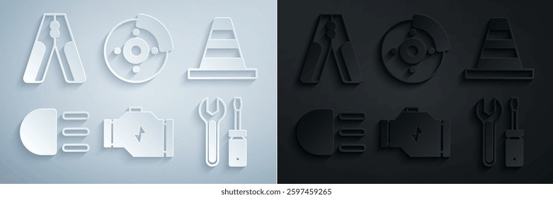 Set Check engine, Traffic cone, High beam, Screwdriver and wrench spanner, Car brake disk with caliper and battery jumper power cable icon. Vector