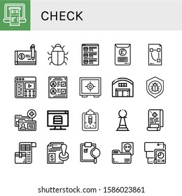 Set of check icons. Such as Receipt, Cheque, Antivirus, List, Document, Plan, Description, Voting, Safe, Warehouse, Account, Online order, Clipboard, Pawn, Medical report , check icons