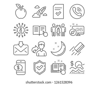 Set of Check investment, Incoming mail and Technical documentation icons. Partnership, Phone payment and Read instruction signs. Credit card, Checked file and Startup rocket symbols. Vector