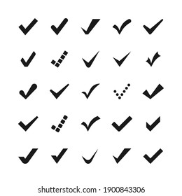 Set of Check mark in black. Check marks or ticks. Black confirm symbol. Vector icon confirm acceptance of a positive passed agreement on voting or completion of tasks in the list. Vector illustration