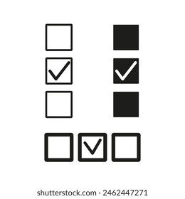Set of check mark box icons. Various selection signs, black and white vector. Checkbox confirmation elements.