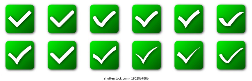 Set of check mark buttons isolated on white background. Vector illustration. Green approved icons with shadows