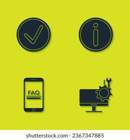 Set Check mark in circle, Computer monitor service, Mobile with FAQ information and Information icon. Vector