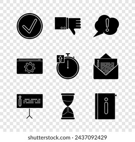 Setzen Sie ein Häkchen im Kreis, Dislike, Sprechblasen-Ausruf, Information, Sanduhr, Benutzerhandbuch, Einstellung und Stoppuhr-Symbol. Vektor