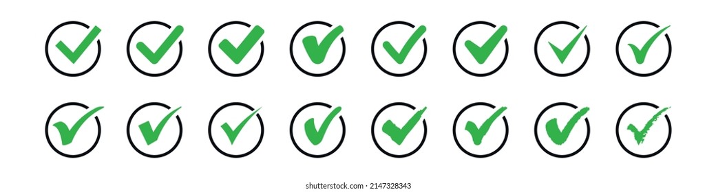 Set of check mark in circle icons. Green vector symbols.