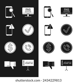 Set Check mark in circle, Mobile with exclamation, phone diagnostics, Monitor FAQ information, Coin money dollar, Phone call, Information and Dislike icon. Vector