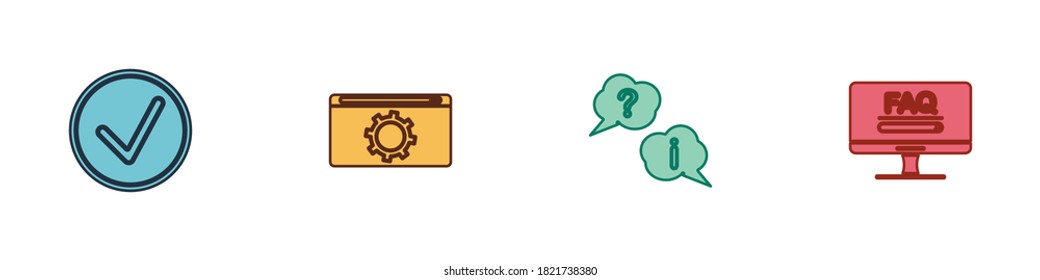 Set Check mark in circle, Setting, Question and Exclamation and Monitor with FAQ information icon. Vector.