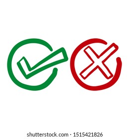 Set check mark and cross in circle handdrawn doodle style