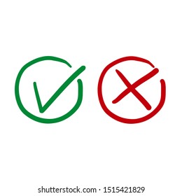 Set check mark and cross in circle handdrawn doodle style