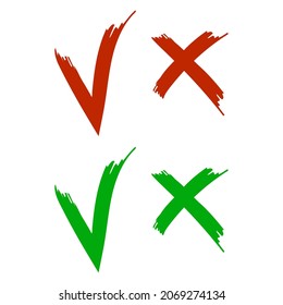 Set check mark and cross.  Green tick and red cross checkmarks flat icons set. Vector illustration isolated on white background.