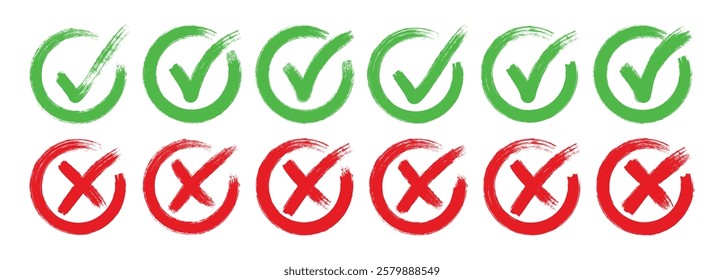  Set of Check Mark And Cross Mark In Grunge Style. Brush hand drawn circle Green Checkmark and red cross icons. You can use it in your work. Vector illustration