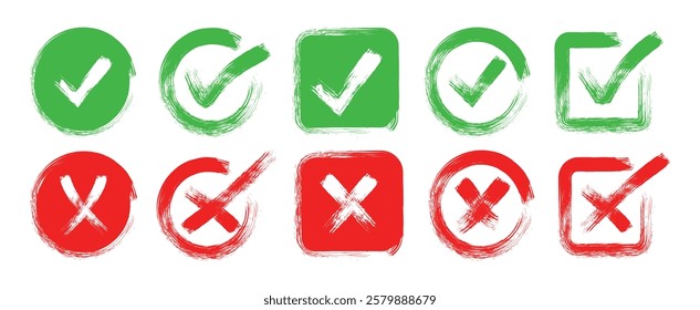  Set of Check Mark And Cross Mark In Grunge Style. Brush hand drawn circle Green Checkmark and red cross icons. You can use it in your work. Vector illustration