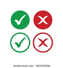 Set of check mark and cross icon in green and red color button