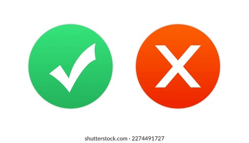 Set check mark and cross icon, flat round buttons. Vector illustration