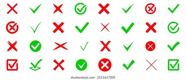 Set check mark and cross. Cross icon. Check mark icon. Vector