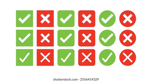 Set of check mark and cross icon buttons. Checkbox icon with true and false buttons or yes or no check mark icon. Isolated check mark symbol, right and wrong sign concept.