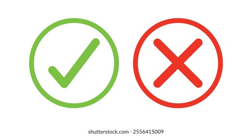 Set of check mark and cross icon buttons. Checkbox icon with true and false buttons or yes or no check mark icon. Isolated check mark symbol, right and wrong sign concept.