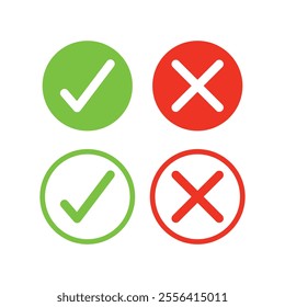 Set of check mark and cross icon buttons. Checkbox icon with true and false buttons or yes or no check mark icon. Isolated check mark symbol, right and wrong sign concept.