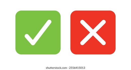 Set of check mark and cross icon buttons. Checkbox icon with true and false buttons or yes or no check mark icon. Isolated check mark symbol, right and wrong sign concept.