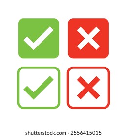 Set of check mark and cross icon buttons. Checkbox icon with true and false buttons or yes or no check mark icon. Isolated check mark symbol, right and wrong sign concept.