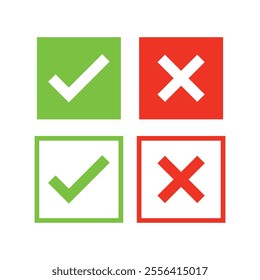 Set of check mark and cross icon buttons. Checkbox icon with true and false buttons or yes or no check mark icon. Isolated check mark symbol, right and wrong sign concept.