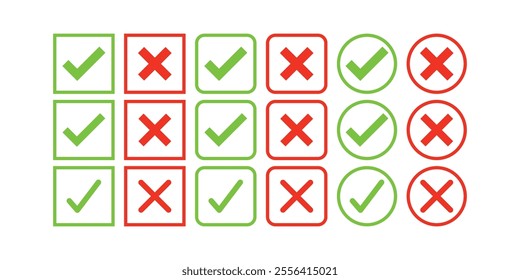 Set of check mark and cross icon buttons. Checkbox icon with true and false buttons or yes or no check mark icon. Isolated check mark symbol, right and wrong sign concept.