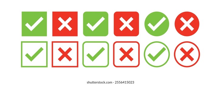 Set of check mark and cross icon buttons. Checkbox icon with true and false buttons or yes or no check mark icon. Isolated check mark symbol, right and wrong sign concept.