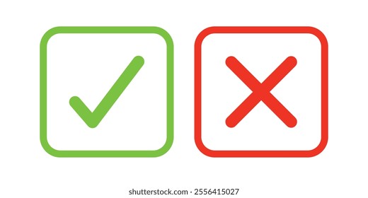 Set of check mark and cross icon buttons. Checkbox icon with true and false buttons or yes or no check mark icon. Isolated check mark symbol, right and wrong sign concept.