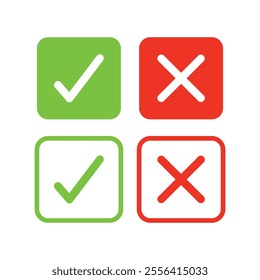 Set of check mark and cross icon buttons. Checkbox icon with true and false buttons or yes or no check mark icon. Isolated check mark symbol, right and wrong sign concept.