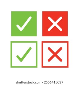 Set of check mark and cross icon buttons. Checkbox icon with true and false buttons or yes or no check mark icon. Isolated check mark symbol, right and wrong sign concept.