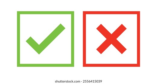 Set of check mark and cross icon buttons. Checkbox icon with true and false buttons or yes or no check mark icon. Isolated check mark symbol, right and wrong sign concept.