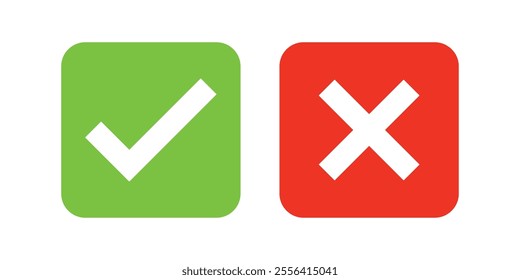 Set of check mark and cross icon buttons. Checkbox icon with true and false buttons or yes or no check mark icon. Isolated check mark symbol, right and wrong sign concept.