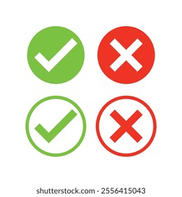 Set of check mark and cross icon buttons. Checkbox icon with true and false buttons or yes or no check mark icon. Isolated check mark symbol, right and wrong sign concept.
